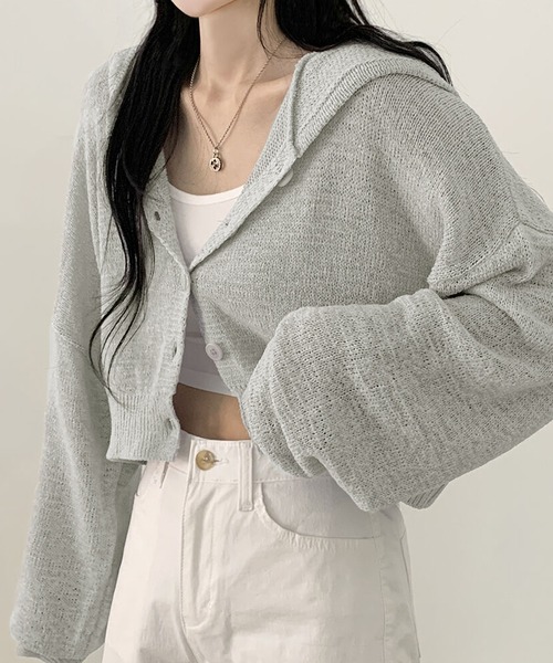 LAFFMO（ラフモ）の「ショート丈フード付きサマーニットカーディガン（カーディガン/ボレロ・レディース・グレー/ホワイト/ピンク・F）」の9枚目の写真