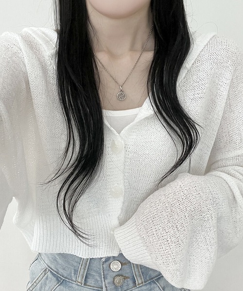 LAFFMO（ラフモ）の「ショート丈フード付きサマーニットカーディガン（カーディガン/ボレロ・レディース・グレー/ホワイト/ピンク・F）」の4枚目の写真