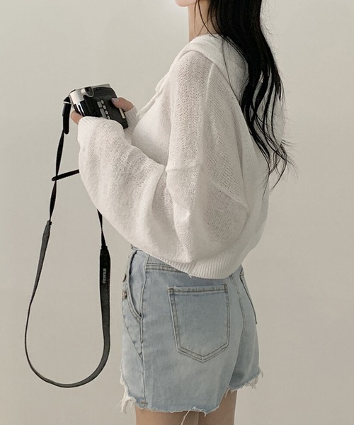 LAFFMO（ラフモ）の「ショート丈フード付きサマーニットカーディガン（カーディガン/ボレロ・レディース・グレー/ホワイト/ピンク・F）」の6枚目の写真