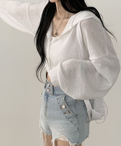 LAFFMO（ラフモ）の「ショート丈フード付きサマーニットカーディガン（カーディガン/ボレロ・レディース・グレー/ホワイト/ピンク・F）」の8枚目の写真