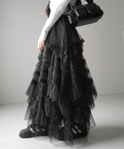 2color 】レイヤードボリュームフリルチュールスカート