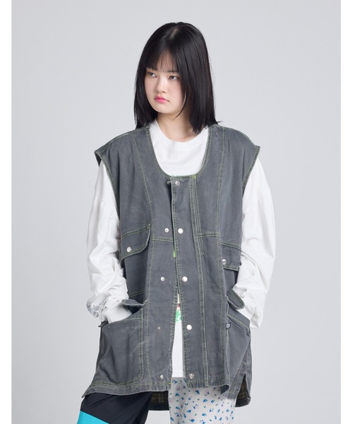 Little sunny bite(リトルサニーバイト)の「/Little sunny bite/twill vest(ベスト・レディース・ブルー/ブラック・MEDIUM/SMALL)」の2枚目の写真