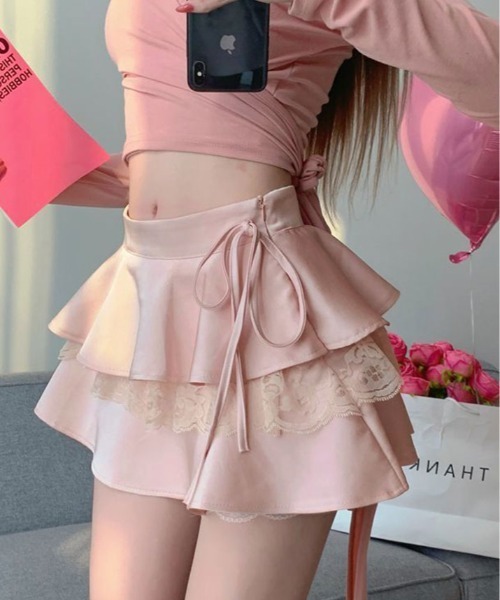 kirakiraShop(キラキラショップ)の「サイド リボン レース ティアード ミニスカート(スカート・レディース・ホワイト/ブラック/ピンク・FREE)」の3枚目の写真