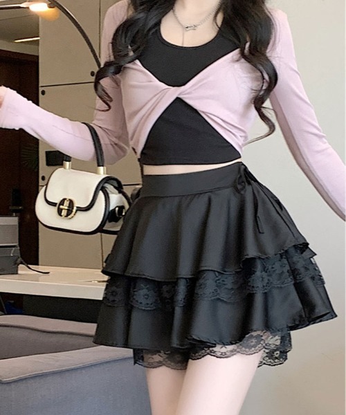 kirakiraShop(キラキラショップ)の「サイド リボン レース ティアード ミニスカート(スカート・レディース・ホワイト/ブラック/ピンク・FREE)」の9枚目の写真