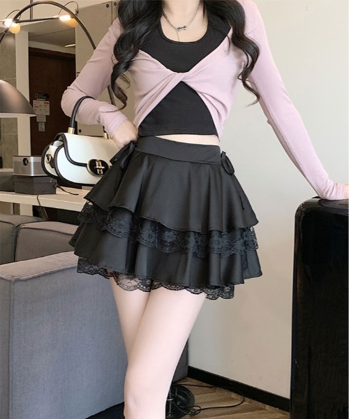 kirakiraShop(キラキラショップ)の「サイド リボン レース ティアード ミニスカート(スカート・レディース・ホワイト/ブラック/ピンク・FREE)」の10枚目の写真