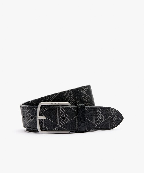 LACOSTE モノグラムブラックレザーベルト 収納袋付き モノグラム レザーモノグラムリポーターバッグ （ショルダー