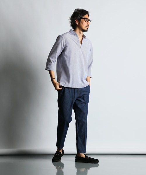 The DUFFER of ST.GEORGE(ザダファーオブセントジョージ)の「SEERSUCKER STRIPE 3Q SKIPPER SHIRT:シアサッカーストライプ 7分袖 スキッパーシャツ(シャツ/ブラウス・メンズ・ブルー/ブラック・SMALL/MEDIUM/LARGE/X-LARGE)」の6枚目の写真