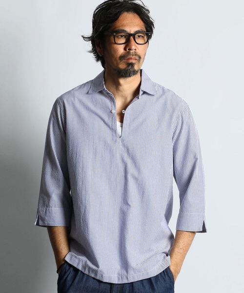 The DUFFER of ST.GEORGE(ザダファーオブセントジョージ)の「SEERSUCKER STRIPE 3Q SKIPPER SHIRT:シアサッカーストライプ 7分袖 スキッパーシャツ(シャツ/ブラウス・メンズ・ブルー/ブラック・SMALL/MEDIUM/LARGE/X-LARGE)」の5枚目の写真