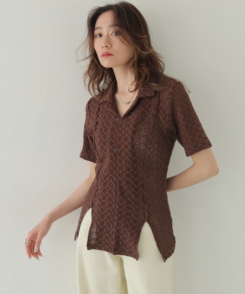 tシャツ 「CLEIO」レースカットソー開襟シャツ レディース セール】【CLEIO】レースカットソー開襟シャツ（Tシャツ