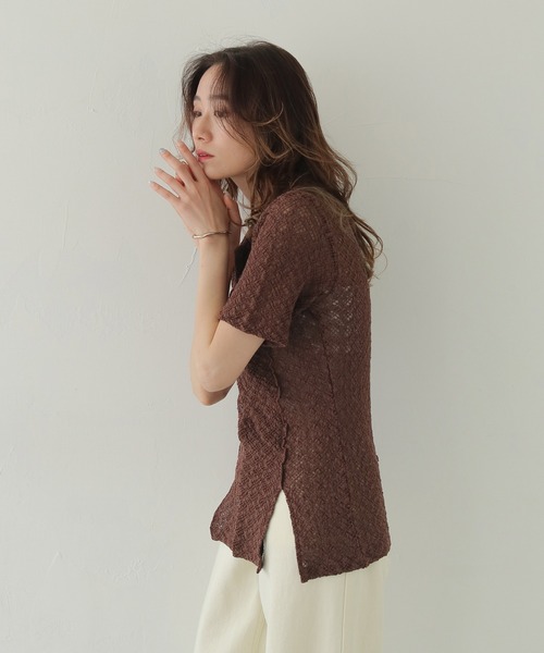 CLEIO（クレイオ）の「【CLEIO】レースカットソー開襟シャツ LACE CUT-AND-SEW OPEN-COLLAR SHIRT/980-13614（Tシャツ/カットソー・レディース・イエロー/ブラウン・FREE）」の6枚目の写真