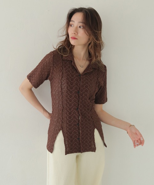 CLEIO（クレイオ）の「【CLEIO】レースカットソー開襟シャツ LACE CUT-AND-SEW OPEN-COLLAR SHIRT/980-13614（Tシャツ/カットソー・レディース・イエロー/ブラウン・FREE）」の7枚目の写真