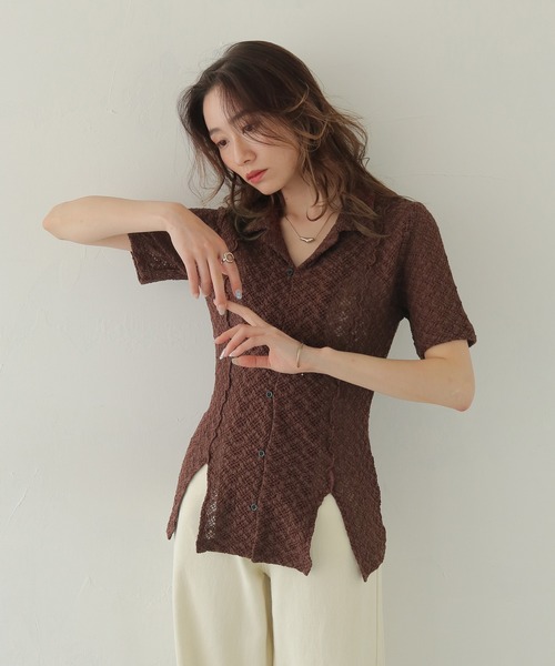 CLEIO（クレイオ）の「【CLEIO】レースカットソー開襟シャツ LACE CUT-AND-SEW OPEN-COLLAR SHIRT/980-13614（Tシャツ/カットソー・レディース・イエロー/ブラウン・FREE）」の4枚目の写真