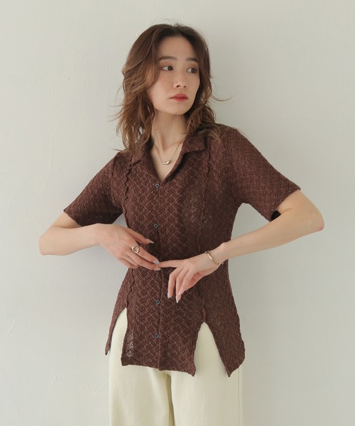 CLEIO（クレイオ）の「【CLEIO】レースカットソー開襟シャツ LACE CUT-AND-SEW OPEN-COLLAR SHIRT/980-13614（Tシャツ/カットソー・レディース・イエロー/ブラウン・FREE）」の5枚目の写真