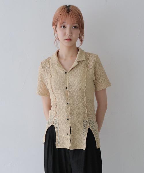セール】【CLEIO】レースカットソー開襟シャツ（Tシャツ