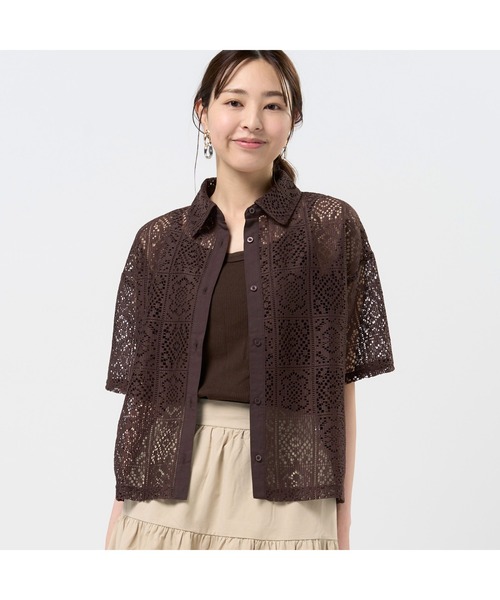 TOKYO SHIRTS(トウキョウシャツ)の「クロシェ風 レースシャツブラウス 五分袖(シャツ/ブラウス・レディース・ブラック/ブラウン/オレンジ・M/L)」の2枚目の写真