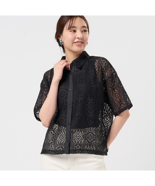 TOKYO SHIRTS(トウキョウシャツ)の「クロシェ風 レースシャツブラウス 五分袖(シャツ/ブラウス・レディース・ブラック/ブラウン/オレンジ・M/L)」の1枚目の写真