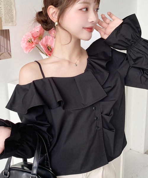 セール】フロントタックアシンメトリーフリルワンショルダーブラウス