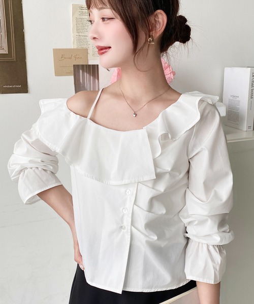 セール】フロントタックアシンメトリーフリルワンショルダーブラウス