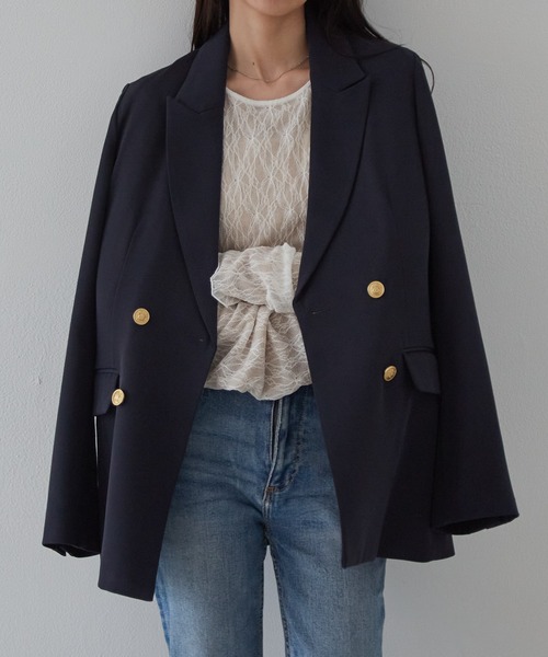 セール】【洗える】ゴールドボタンダブルテーラードジャケット