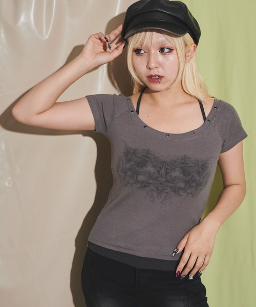 dispark(ディスパーク)の「DISPARK/ハトメレイヤードグラフィックT(Tシャツ/カットソー・レディース・チャコール/ホワイト・FREE)」の1枚目の写真