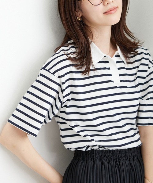 BELLUNA PLUS(ベルーナ)の「ボーダー柄スキッパーポロシャツ(Tシャツ/カットソー・レディース・ネイビー×ホワイト/ホワイト×ネイビー・MEDIUM/LARGE/X-LARGE)」の4枚目の写真