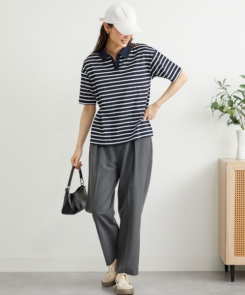 BELLUNA PLUS(ベルーナ)の「ボーダー柄スキッパーポロシャツ(Tシャツ/カットソー・レディース・ネイビー×ホワイト/ホワイト×ネイビー・MEDIUM/LARGE/X-LARGE)」の5枚目の写真