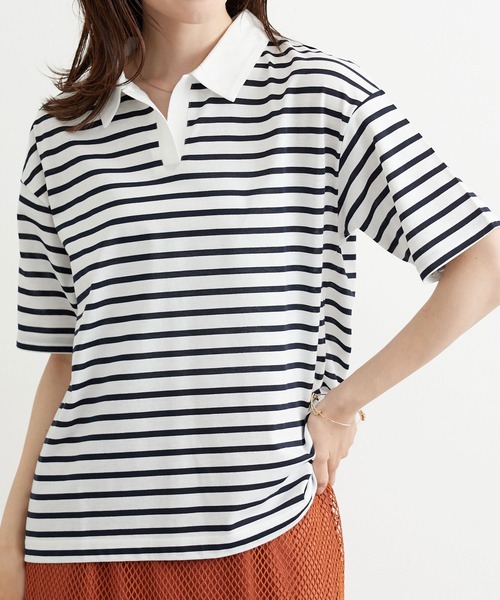 BELLUNA PLUS(ベルーナ)の「ボーダー柄スキッパーポロシャツ(Tシャツ/カットソー・レディース・ネイビー×ホワイト/ホワイト×ネイビー・MEDIUM/LARGE/X-LARGE)」の14枚目の写真