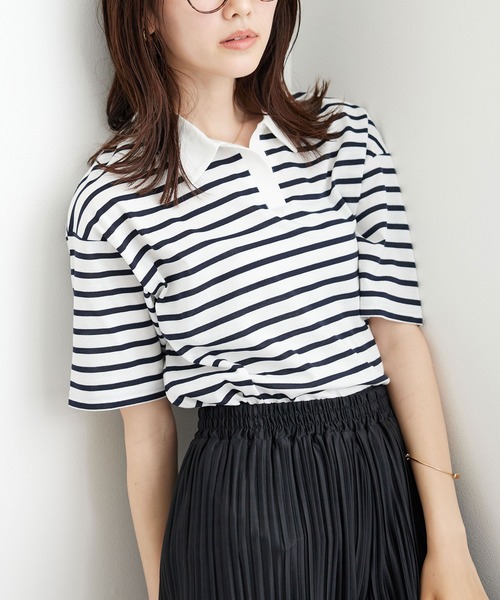 BELLUNA PLUS(ベルーナ)の「ボーダー柄スキッパーポロシャツ(Tシャツ/カットソー・レディース・ネイビー×ホワイト/ホワイト×ネイビー・MEDIUM/LARGE/X-LARGE)」の3枚目の写真