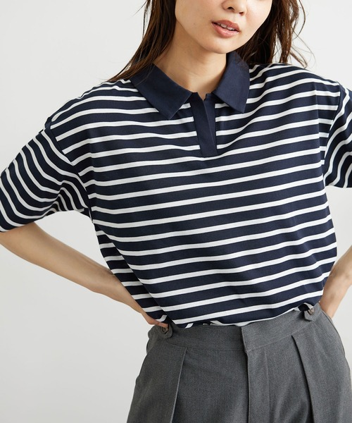BELLUNA PLUS(ベルーナ)の「ボーダー柄スキッパーポロシャツ(Tシャツ/カットソー・レディース・ネイビー×ホワイト/ホワイト×ネイビー・MEDIUM/LARGE/X-LARGE)」の16枚目の写真