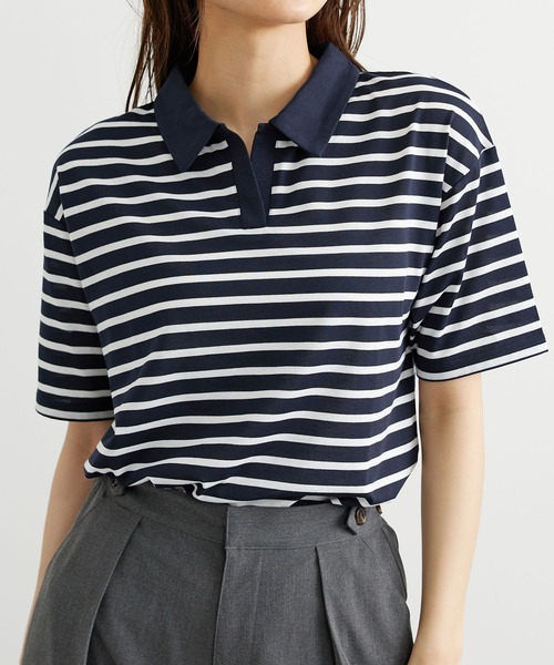 BELLUNA PLUS(ベルーナ)の「ボーダー柄スキッパーポロシャツ(Tシャツ/カットソー・レディース・ネイビー×ホワイト/ホワイト×ネイビー・MEDIUM/LARGE/X-LARGE)」の17枚目の写真