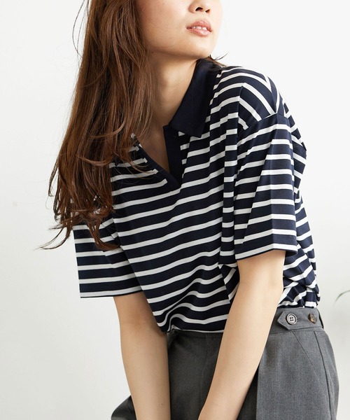 BELLUNA PLUS(ベルーナ)の「ボーダー柄スキッパーポロシャツ(Tシャツ/カットソー・レディース・ネイビー×ホワイト/ホワイト×ネイビー・MEDIUM/LARGE/X-LARGE)」の18枚目の写真