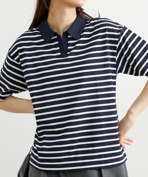 BELLUNA PLUS(ベルーナ)の「ボーダー柄スキッパーポロシャツ(Tシャツ/カットソー・レディース・ネイビー×ホワイト/ホワイト×ネイビー・MEDIUM/LARGE/X-LARGE)」の9枚目の写真