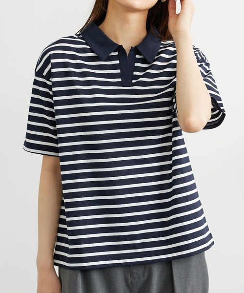 BELLUNA PLUS(ベルーナ)の「ボーダー柄スキッパーポロシャツ(Tシャツ/カットソー・レディース・ネイビー×ホワイト/ホワイト×ネイビー・MEDIUM/LARGE/X-LARGE)」の15枚目の写真
