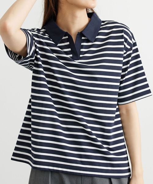 BELLUNA PLUS(ベルーナ)の「ボーダー柄スキッパーポロシャツ(Tシャツ/カットソー・レディース・ネイビー×ホワイト/ホワイト×ネイビー・MEDIUM/LARGE/X-LARGE)」の8枚目の写真