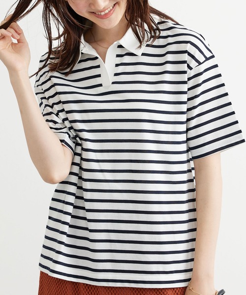 BELLUNA PLUS(ベルーナ)の「ボーダー柄スキッパーポロシャツ(Tシャツ/カットソー・レディース・ネイビー×ホワイト/ホワイト×ネイビー・MEDIUM/LARGE/X-LARGE)」の13枚目の写真