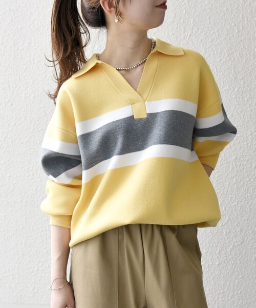 SHIPS any:〈手洗い可能〉パネル ボーダー スキッパー ニット プル