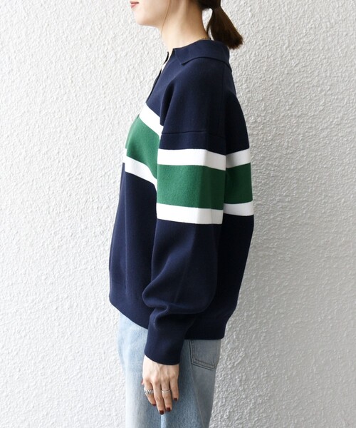 SHIPS any:〈手洗い可能〉パネル ボーダー スキッパー ニット プル