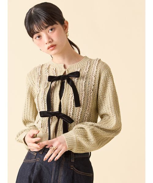 ベロアリボンニットカーディガン（カーディガン/ボレロ）｜LILY
