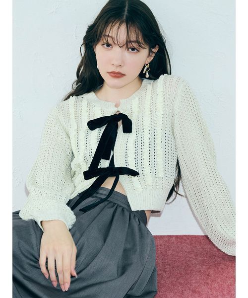 セール】ベロアリボンニットカーディガン（カーディガン/ボレロ