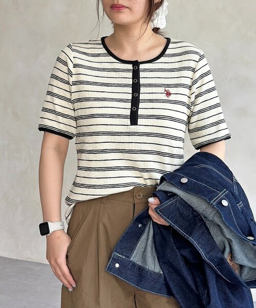 U.S. POLO ASSN.(ユーエスポロアッスン)の「【U.S. POLO ASSN. 】ヘンリーリブ半袖T(Tシャツ/カットソー・レディース・ネイビー/アイボリー/ブラック/オフホワイト・FREE)」の6枚目の写真