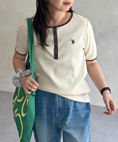 U.S. POLO ASSN.(ユーエスポロアッスン)の「【U.S. POLO ASSN. 】ヘンリーリブ半袖T(Tシャツ/カットソー・レディース・ネイビー/アイボリー/ブラック/オフホワイト・FREE)」の14枚目の写真
