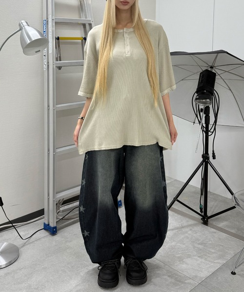 Figments(フィグメンツ)の「ダメージヘンリーT(Tシャツ/カットソー・レディース・アイボリー/ピンク/スミクロ・FREE)」の8枚目の写真