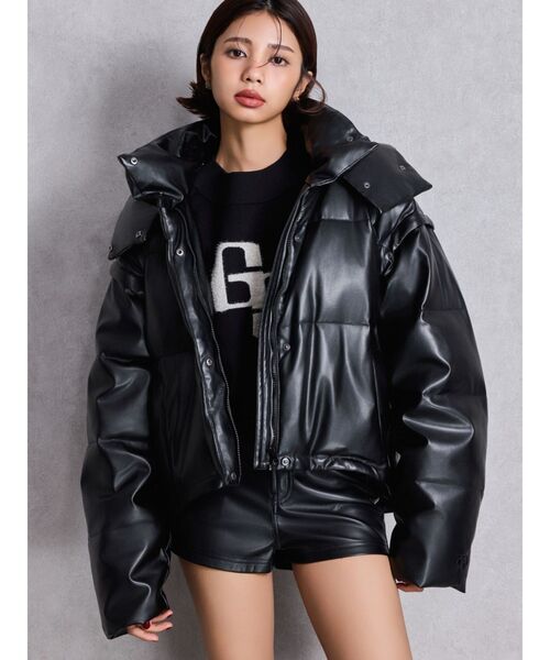 セール】リアルダウン90％！2WAYフェイクレザーミドル丈ダウンコート