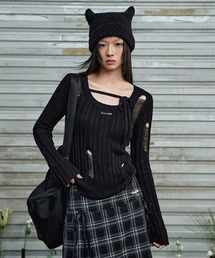 ダメージニットカットソー/ストラップデザイン 長袖トップス