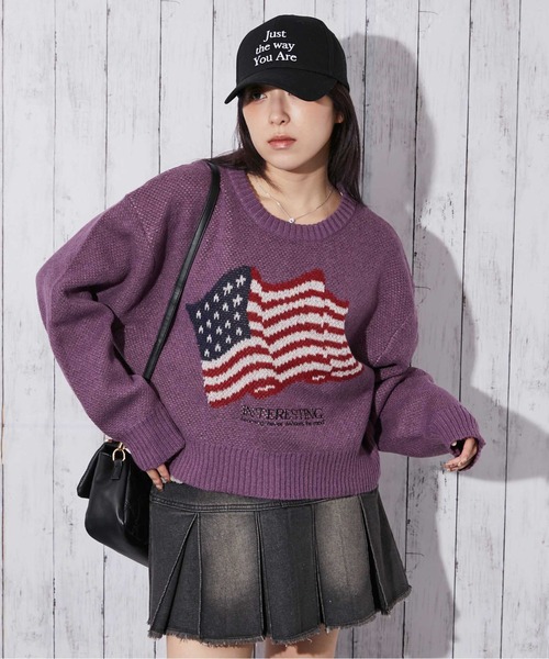 GORGE(ゴージ)の「《アメリカフラッグジャガード×メランジ風》レディース 短丈ニット トップス 秋冬(ニット/セーター・レディース・パープル/チャコール/ネイビー/オフホワイト・F)」の1枚目の写真