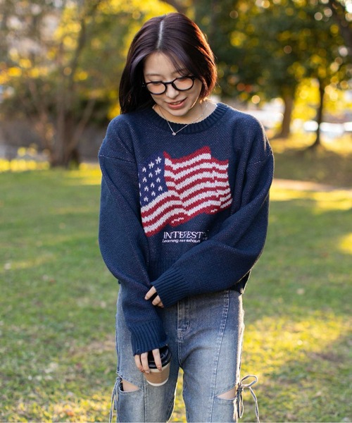 GORGE(ゴージ)の「《アメリカフラッグジャガード×メランジ風》レディース 短丈ニット トップス 秋冬(ニット/セーター・レディース・パープル/チャコール/ネイビー/オフホワイト・F)」の4枚目の写真