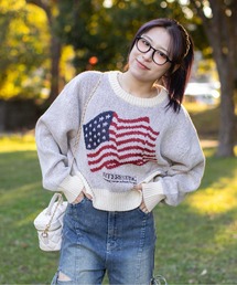 《アメリカフラッグジャガード×メランジ風》レディース 短丈ニット トップス 秋冬