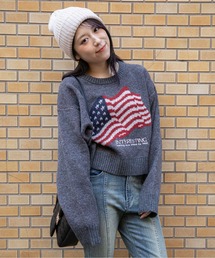 《アメリカフラッグジャガード×メランジ風》レディース 短丈ニット トップス 秋冬