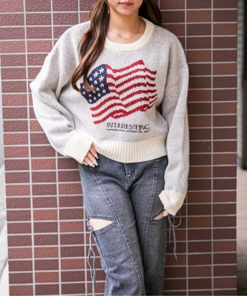 GORGE(ゴージ)の「《アメリカフラッグジャガード×メランジ風》レディース 短丈ニット トップス 秋冬(ニット/セーター・レディース・パープル/チャコール/ネイビー/オフホワイト・F)」の22枚目の写真