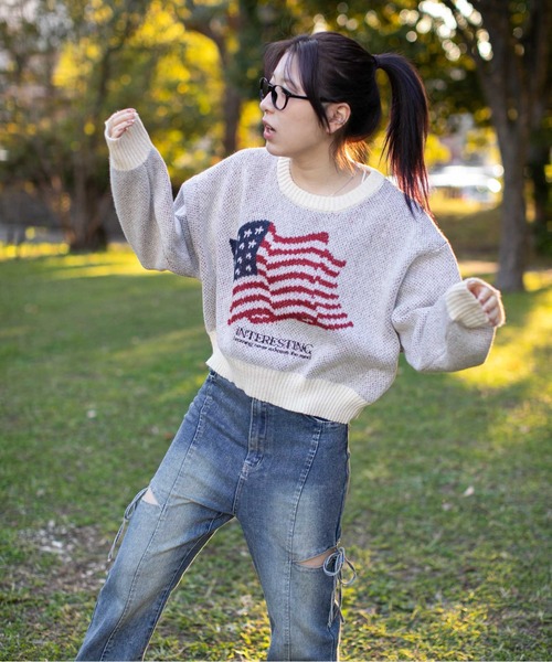 GORGE(ゴージ)の「《アメリカフラッグジャガード×メランジ風》レディース 短丈ニット トップス 秋冬(ニット/セーター・レディース・パープル/チャコール/ネイビー/オフホワイト・F)」の6枚目の写真